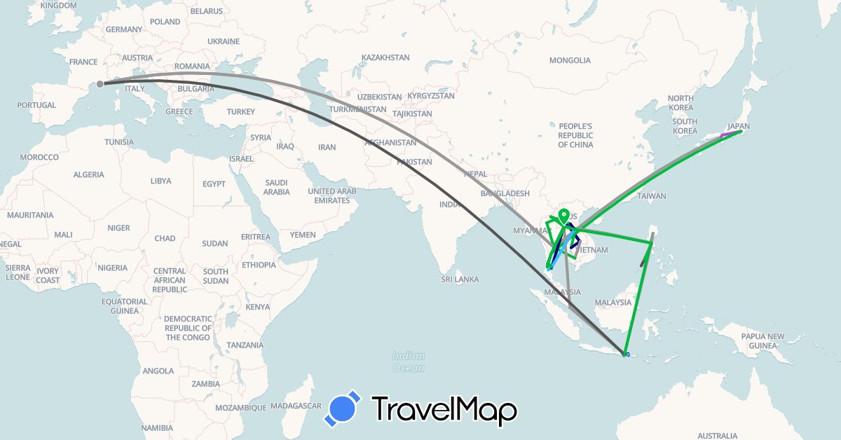 TravelMap itinerary: driving, bus, plane, train, boat, motorbike in France, Indonesia, Japan, Cambodia, Laos, Philippines, Thailand (Asia, Europe)
